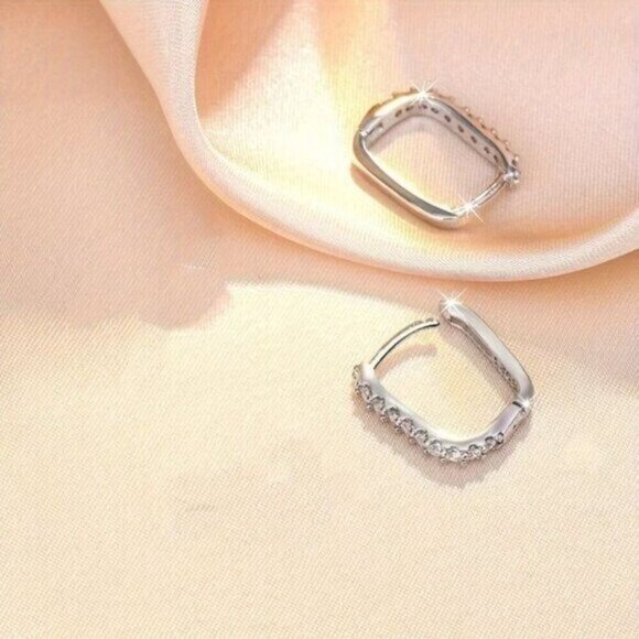 Silver tone Square Hoop Earrings With Sparkling Cubic Zirconia new - Picture 4 of 5